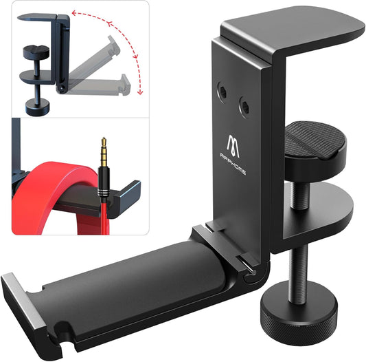Headphone Hook Desk, Headphones Stand under Table Foldable Headset Holder Clamp Hanger Mount, Built in Cable Clip Organizer for PC Gaming, Office, Backpack Bag Purse Hanging